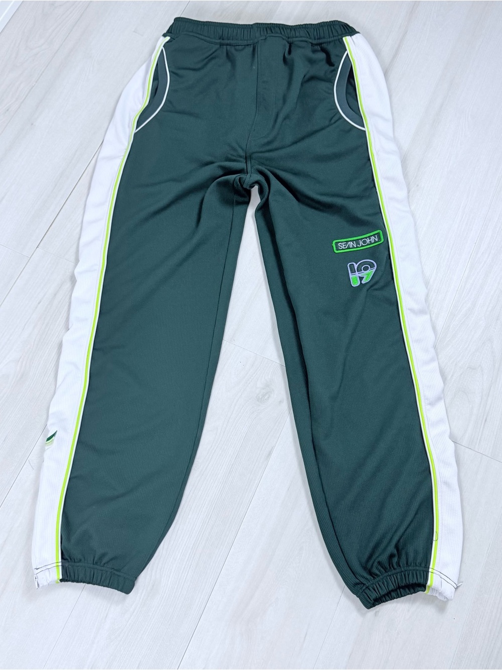 Y2k vintage Sean John Dark Green Track Pants with White Panels and Neon Trim